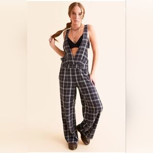 New Free People Mara Menswear Overalls Women's Size 12 Black Combo
